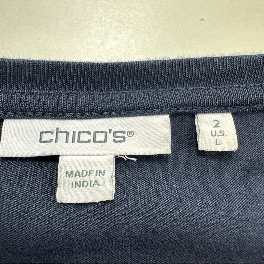 Chico’s Navy Blue Embroidered Long Sleeve Top Size 2 Large Boho Blouse Cotton - Picture 4 of 8